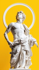 Obraz premium Marble Statue of Apollo on Yellow Background Creative Art and Design Concept. Sculpture, Beauty, Classic
