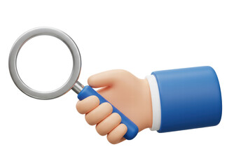 3d render. Search icon. Cartoon character hand holds big magnifying glass lens. Business of science clip art isolated on white background
