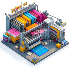 Isometric View of a Colorful Fabric Manufacturing Machine