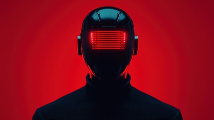 A futuristic robot figure with a glowing red visor stands against a vivid red background, exuding a sci-fi aesthetic.