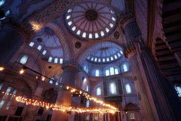 Obraz premium Interior view of a grand mosque, showcasing intricate architectural details, columns, domes, and stained glass windows.