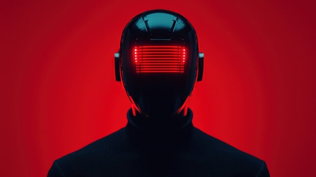 A futuristic robot figure with a glowing red visor stands against a vivid red background, exuding a sci-fi aesthetic.