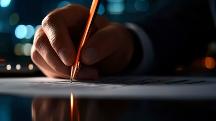 Nighttime Businessperson Signing Important Document