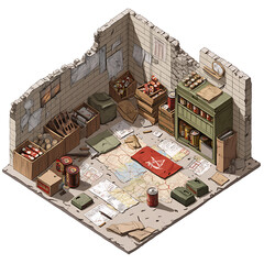 Isometric View of a Messy Abandoned Military Supply Room