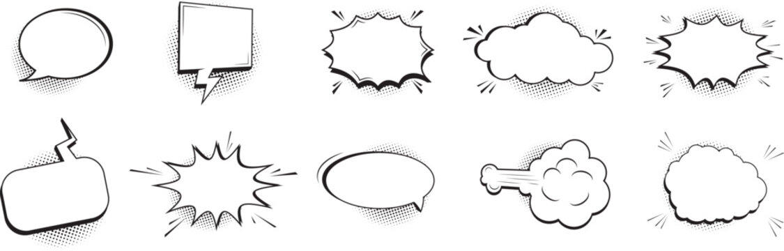 Set of retro empty comic speech bubbles with pop art style. Comic speech bubbles halftone dot background. Comic expression isolated on white background