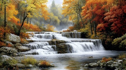 Autumn Waterfall in Misty Forest Landscape