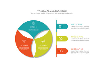 Infographic Venn diagram chart template for business 3 parts, options, presentation with venn diagram elements vector illustration.