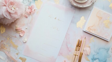 Elegant Wedding Stationery with Pink Floral Accents and Gold Details