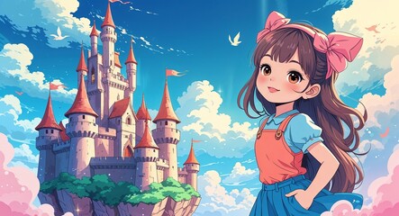 Cute girl posing on a fantasy floating castle background anime retro cartoon illustration.
