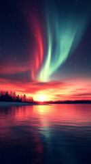 Fototapeta premium The ethereal dance of solar particles and magnetic fields creates the mesmerizing Aurora, a cosmic choreography that illuminates the night sky in vibrant celestial and astronomical wonder