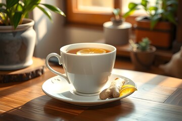 Fototapeta premium A hot and delicious cup of ginger and lemon tea. Zen, meditation, relaxation, A healthy life