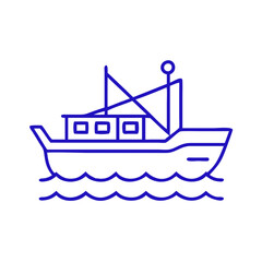 Obraz premium Fishing boat icon sailing on waves, blue outline, modern design
