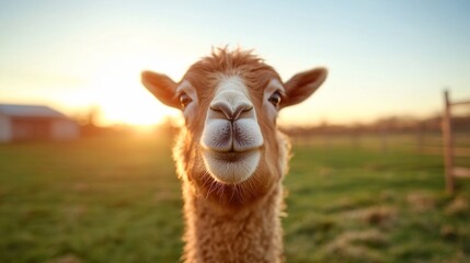 Obraz premium Camel sunset portrait, farm field background