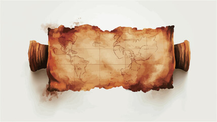 Fototapeta premium High-angle, close-up view of an antique-looking paper scroll. The scroll is light brown with darker brown, burned edges. The paper shows signs of age and wear. The scroll is unfurled, revealing a