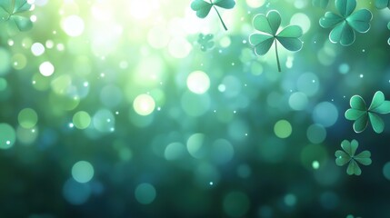 abstract background with soft, glowing shamrocks in various shades of green, layered with a subtle bokeh effect and light sparkles, creating a magical and festive ambiance.