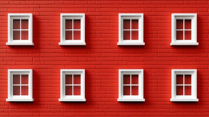 Red Brick Wall with Nine White Windows Pattern