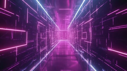 Futuristic Neon Tunnel with Reflective Floor and Vibrant Light Grids