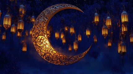 elegant golden crescent moon with intricate Islamic patterns, surrounded by glowing lanterns hanging softly against a deep blue night sky with subtle stars.