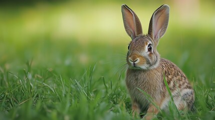 Wild Rabbit Sitting Alertly in Lush Green Grass