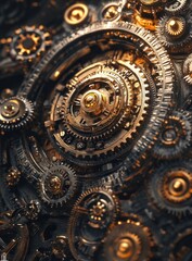 Obraz premium Intricate golden and dark gears in complex mechanism.