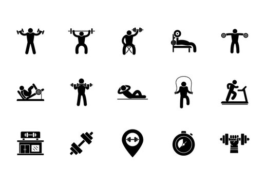 Black and White Fitness Gym Workout Icons Set