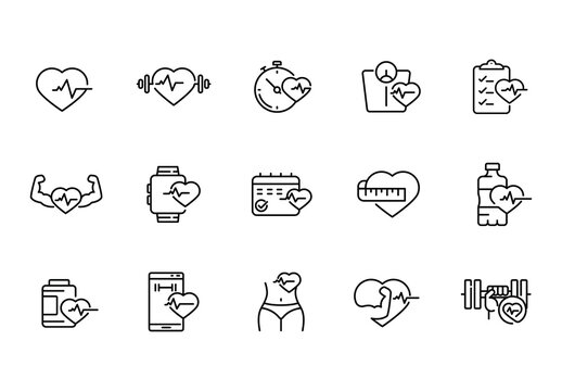 Black and White Heartbeat Health Fitness Icons Set