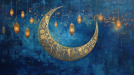 elegant golden crescent moon with intricate Islamic patterns, surrounded by glowing lanterns hanging softly against a deep blue night sky with subtle stars.