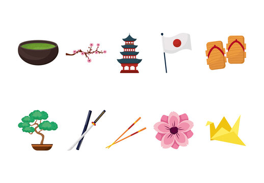 Colorful Japanese Cultural Traditional Elements Illustration Set