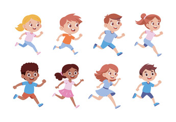 Colorful Kids Running Playful Cartoon Illustration Set
