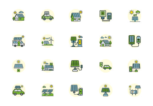 Green and Black Solar Energy Renewable Icons Set