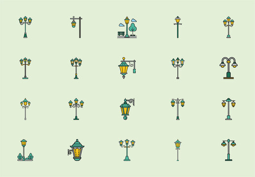 Green and Yellow Vintage Street Lamps Icons Set