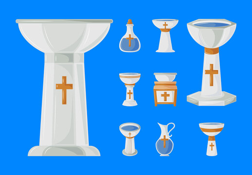 Gold and Blue Baptism Church Religious Symbols Icons Set

