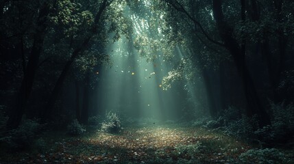 Sunlight filters through dark, mysterious trees onto a vibrant forest floor. Leaves glimmer in shades of green and orange, casting enchanting shadows