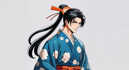 Fototapeta premium long tied back black hair kimono handsome guy posing on plain white background anime retro cartoon illustration.