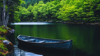 Obraz premium Serene lake boat, forest backdrop, tranquil escape