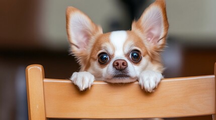 Curious Chihuahua peeking over chair indoors