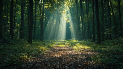 Obraz premium Golden leaves carpet the forest floor, blending shades of brown, yellow, and green. Sunlight filters through the canopy, casting dappled light on this autumn tapestry. 🍂🌳