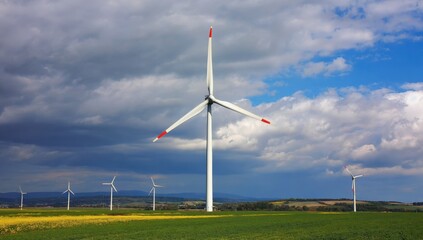 Fototapeta premium Scenic Wind Turbines in Green Field Under Dramatic Cloudy Sky