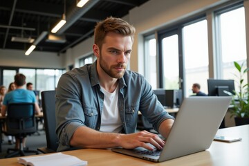 Focused young Caucasian male professional in a modern office setting intensely working on a laptop, surrounded by colleagues engaged in various tasks, showcasing a collaborative workspace atmosphere.