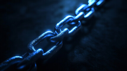 A close-up of a metal chain, dimly lit with a cool blue glow, lying on a dark surface.