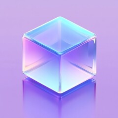 Iridescent glass cube reflecting light on purple background.