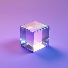 Iridescent glass cube on purple background.