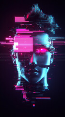 Futuristic digital portrait of a humanoid figure with glitch effects and neon colors