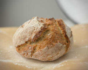 Warm straight out of the oven, freshly baked loaf of bread on baking paper