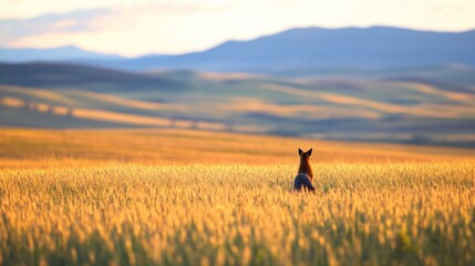 Fototapeta premium Dog gazing sunset, golden wheat field, mountains