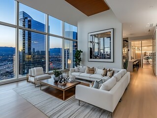 Stunning modern apartment interior with urban skyline and luxury lifestyle