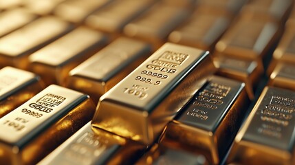 Close-Up of Shiny Gold Bars Stacked Neatly, Showcasing Intricate Imprints and Luster, Symbolizing Wealth, Success, and Luxury in a Stock Photo