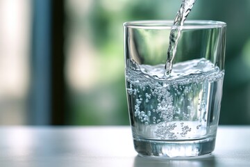 Clear water is being poured into a drinking glass