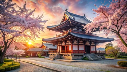 Obraz premium Serene Sakura Blooming Near Traditional Japanese Temple at Sunset