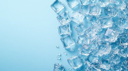 Sparkling ice cubes are scattered on a pastel blue surface